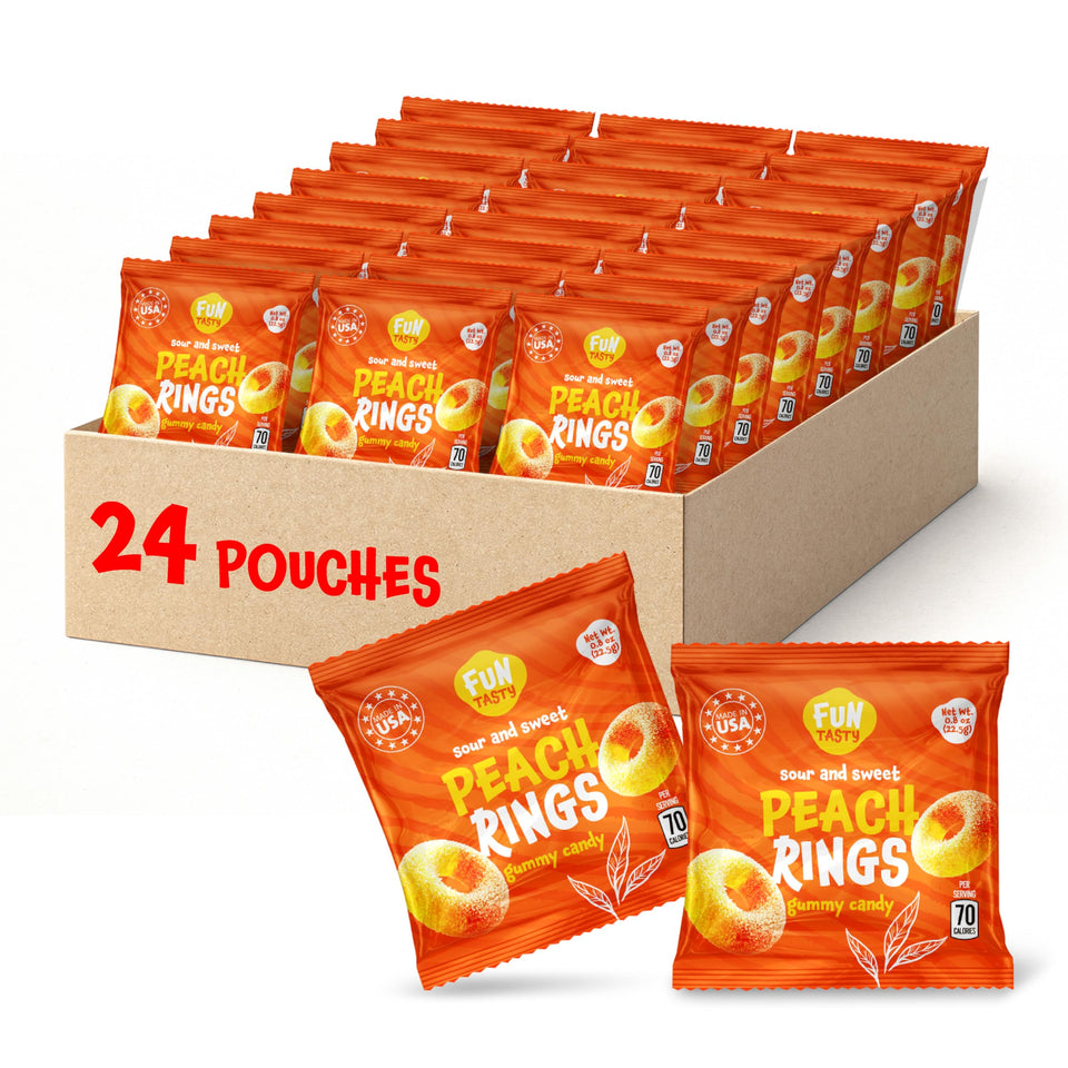 FUNTASTY Peach Rings 24 packs with individual pouches for tidy classroom distribution.