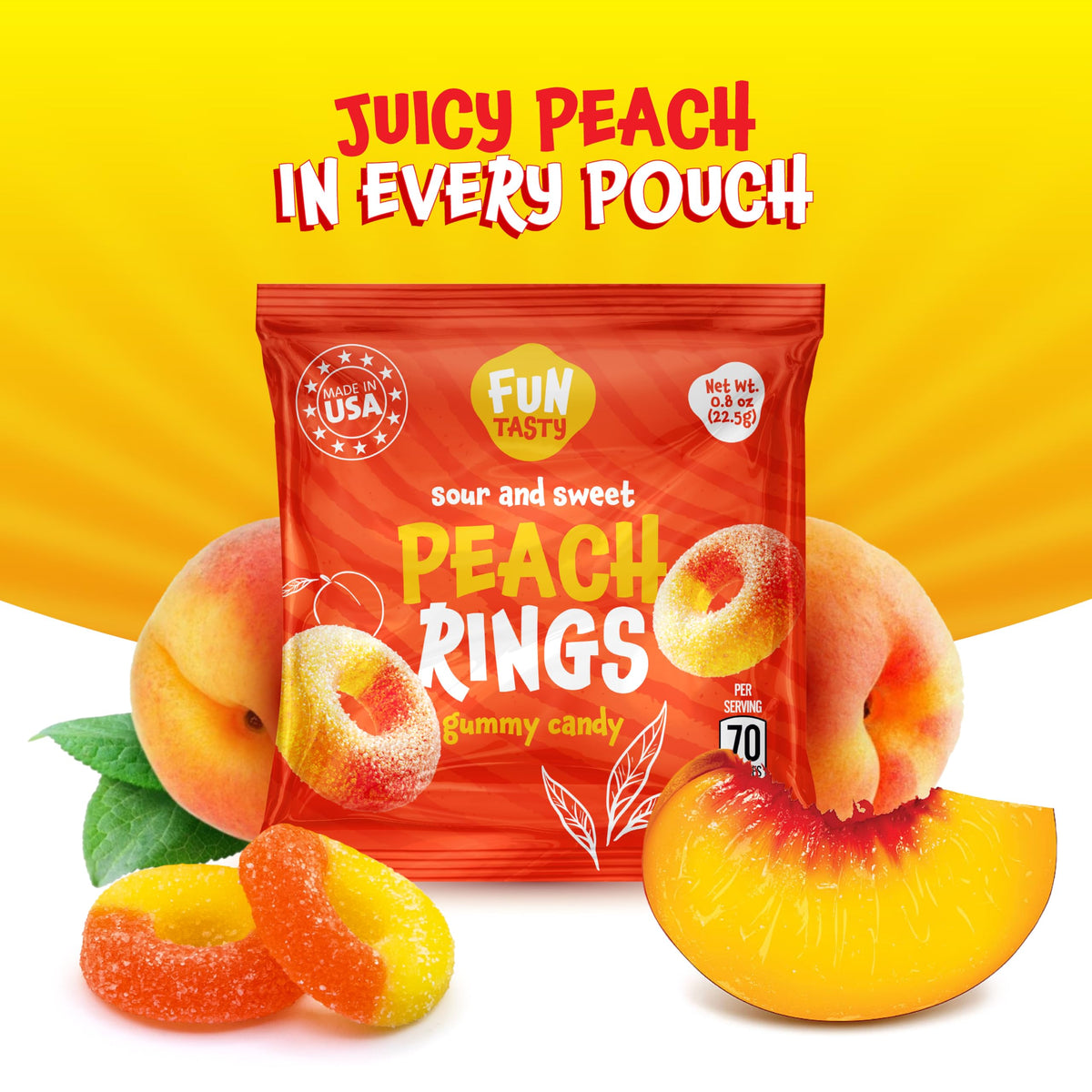 FUNTASTY Peach Rings glossy peach candy for parties and gift bags.