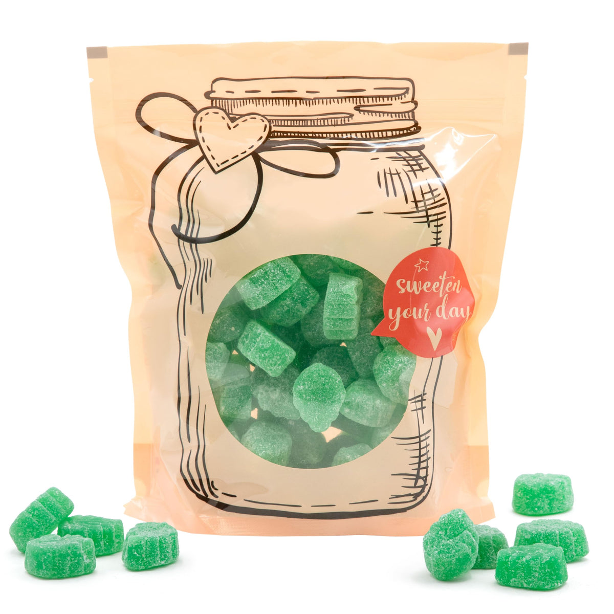 FUNTASTY Spearmint Leaves Candy jar display with bright green mint leaves candy