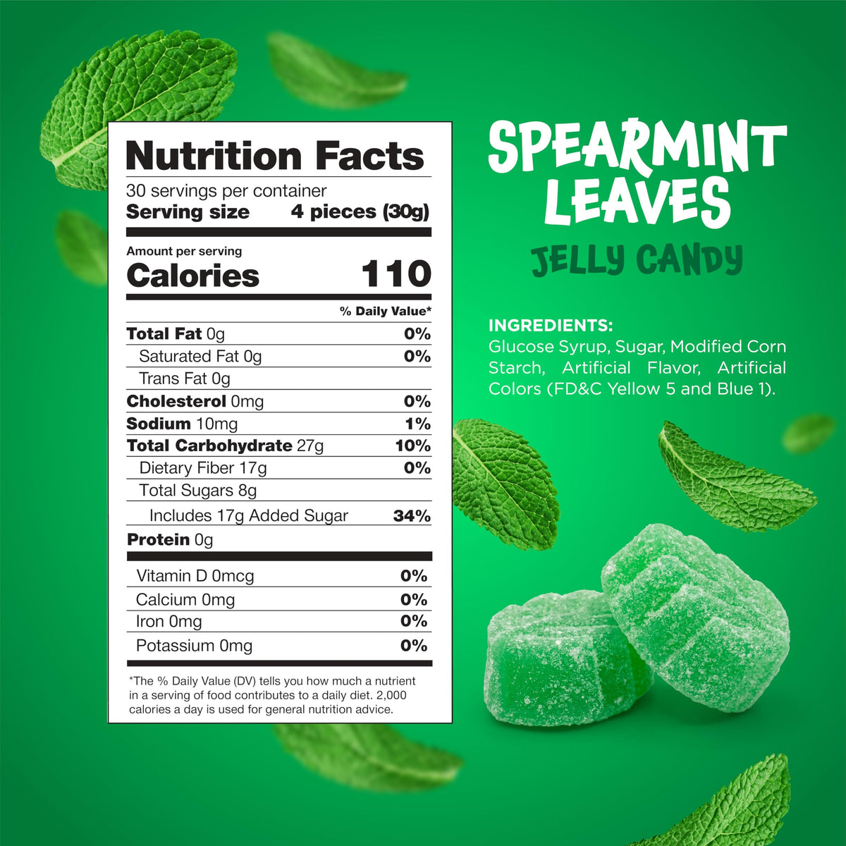 FUNTASTY Spearmint Leaves Candy texture closeup shows soft chews and sugar dust