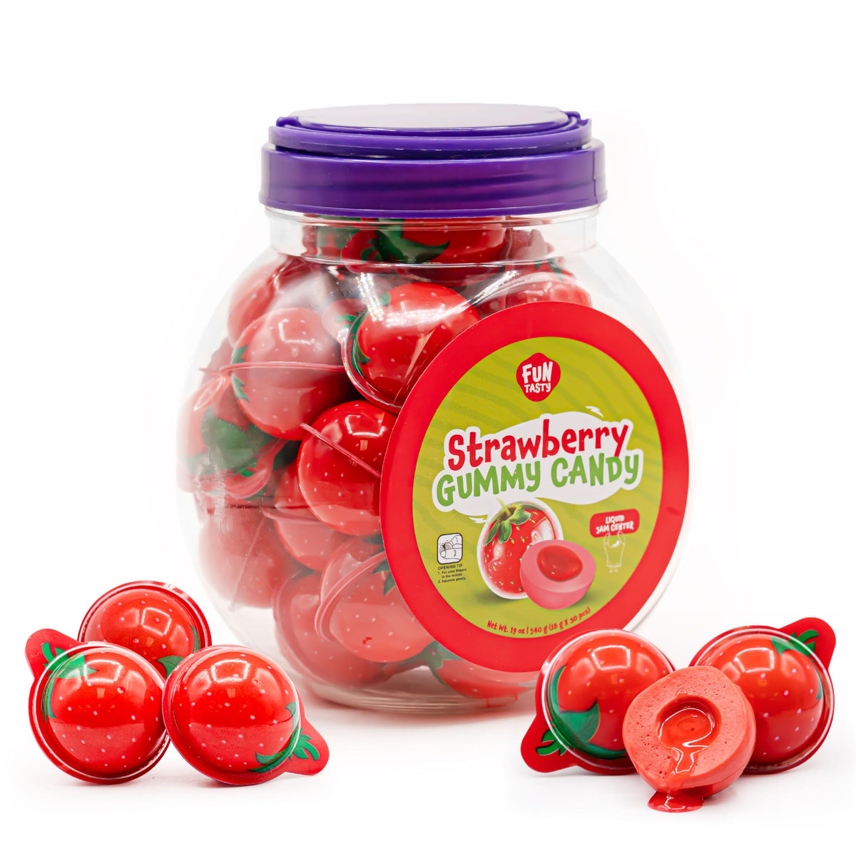 FUNTASTY strawberry gummy candy jar close-up, perfect for sharing.