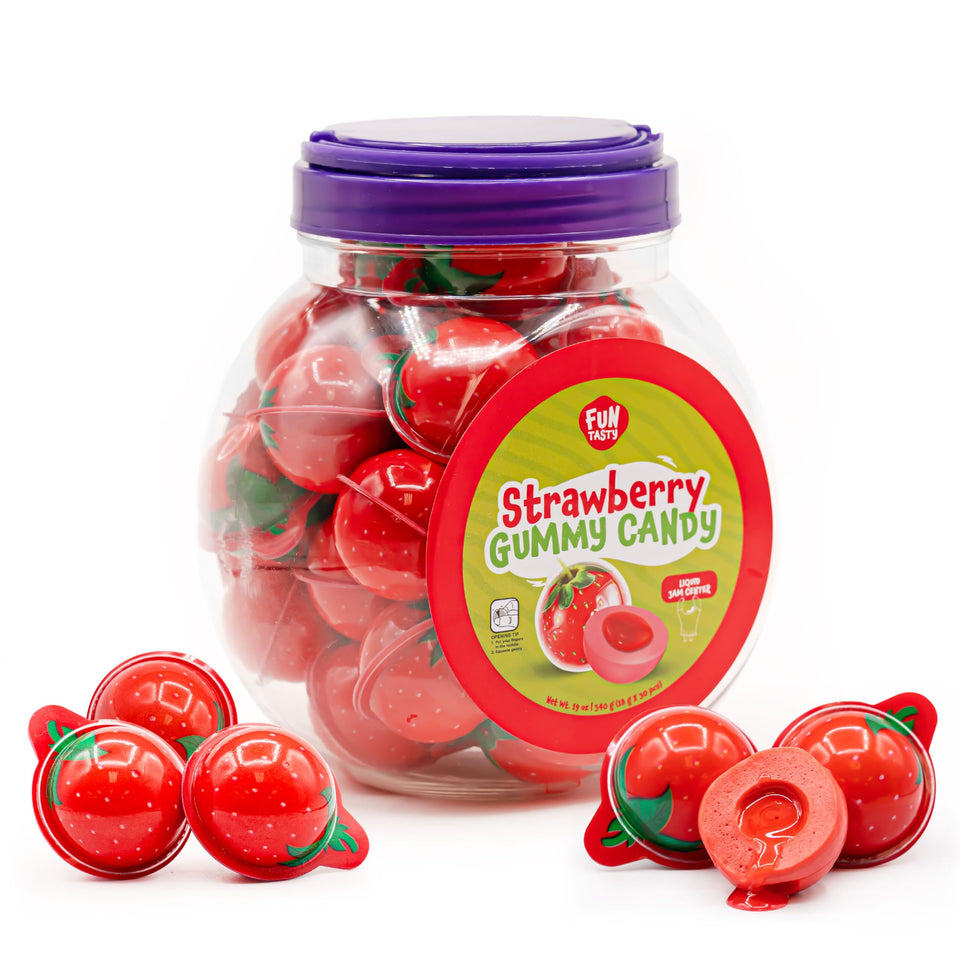 FUNTASTY strawberry gummy candy jar close-up, perfect for sharing.
