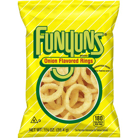 Funyuns onion-flavored rings pack-64 bags closeup highlights a convenient, shareable snack.