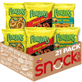 Funyuns Onion Flavored Rings variety-pack packaging shows three flavors for snacking.