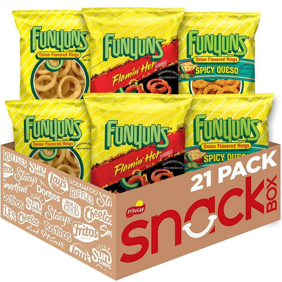Funyuns Onion Flavored Rings variety-pack packaging shows three flavors for snacking.