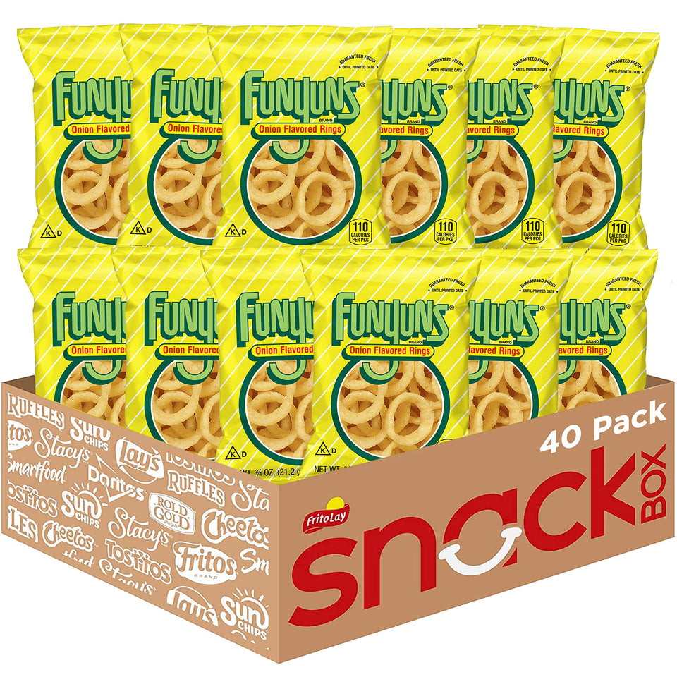 Funyuns Onion Flavored Rings packaging showing forty-pack for on-the-go snacking convenience.