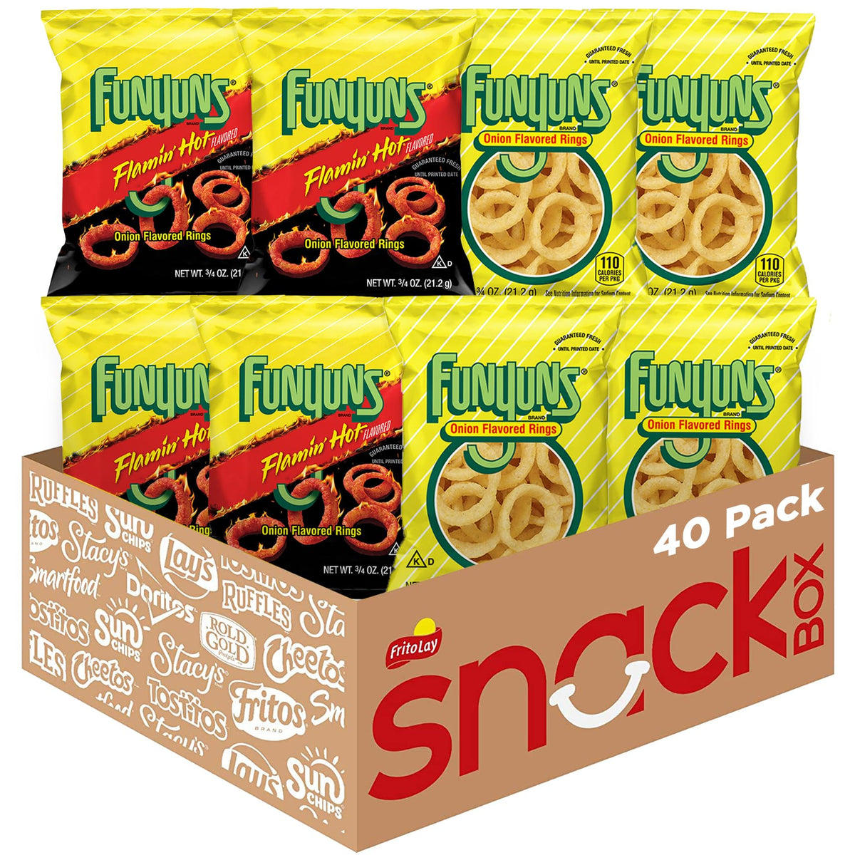 Funyuns Variety Pack with 40 bags displayed on table, convenient snack option.