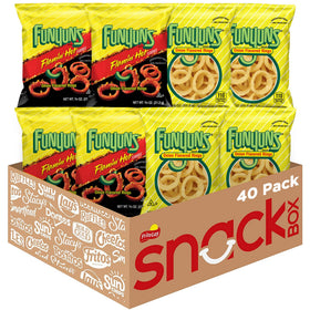 Funyuns Variety Pack with 40 bags displayed on table, convenient snack option.