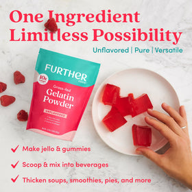 Further Food gelatin powder with measuring scoop shown on kitchen counter highlights convenience