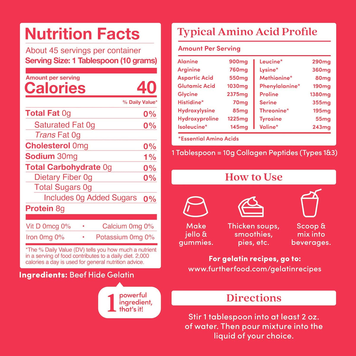 Further Food gelatin powder dissolving in cool water for easy hydration.