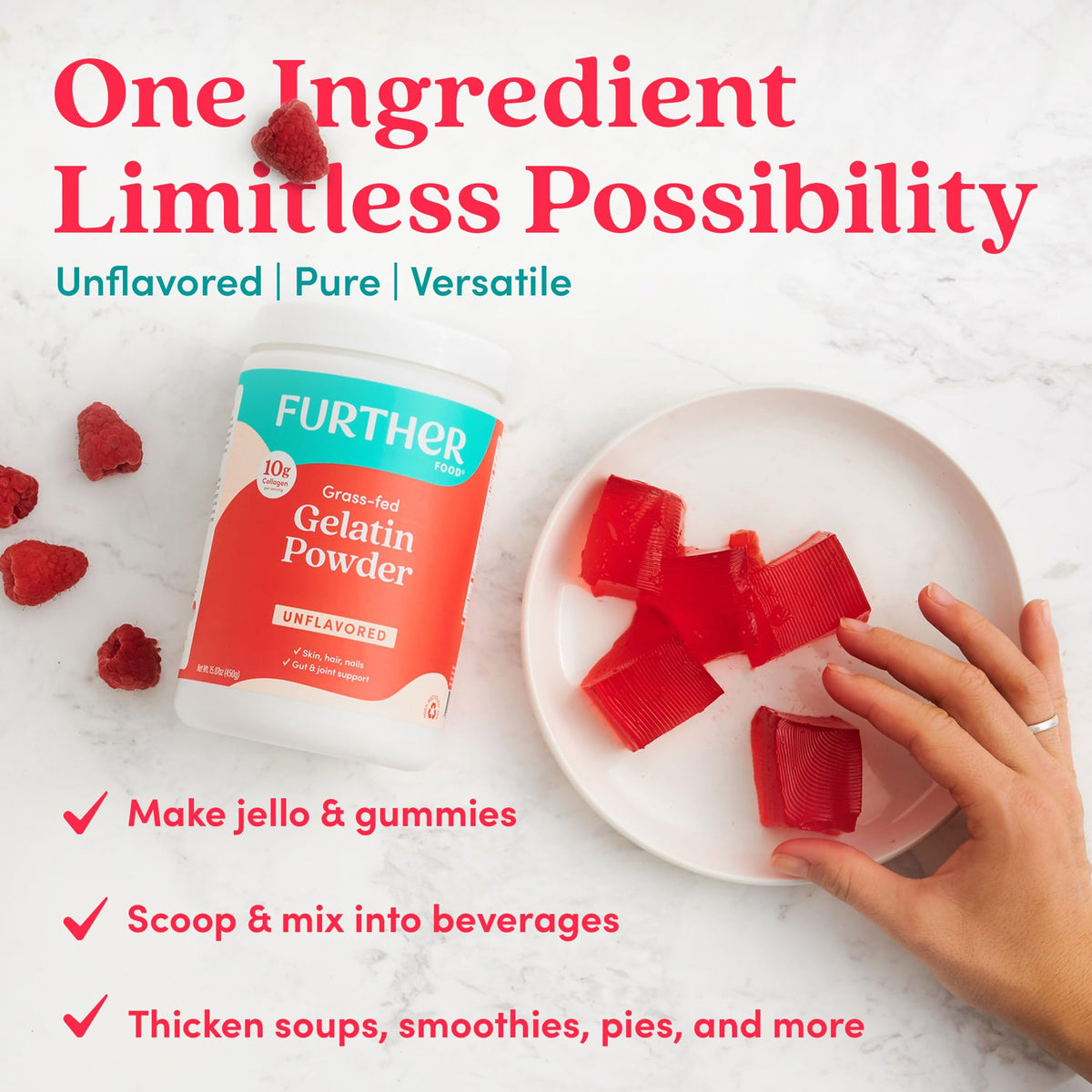 Further Food gelatin powder indicating grass-fed origin on packaging.
