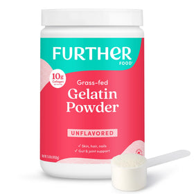 Further Food premium gelatin powder unflavored scoop shows clean, single-ingredient formula.