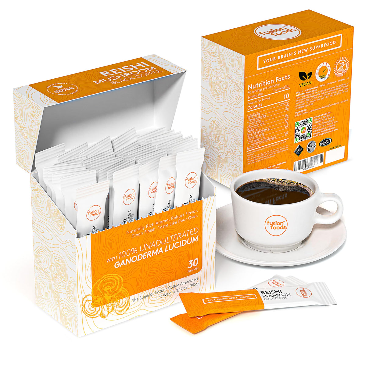 Fusion Foods Reishi Coffee cup releases a rich aroma for mornings.