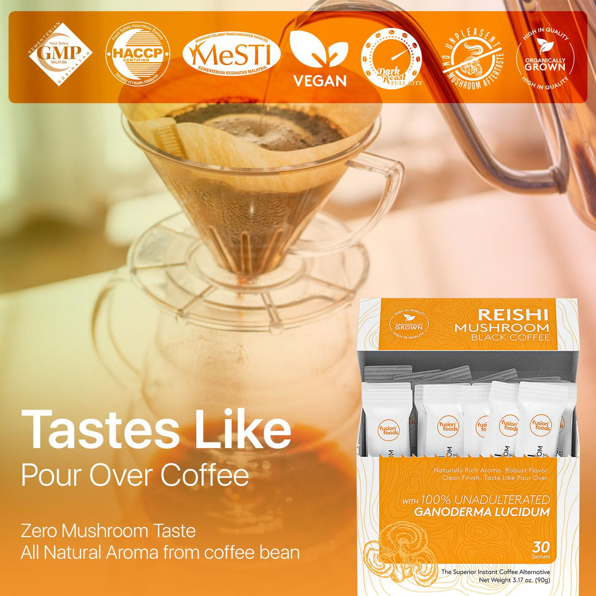 Fusion Foods Reishi Coffee medium-dark roast beans reveal depth of flavor.