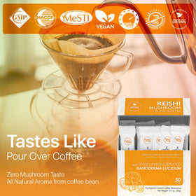 Fusion Foods Reishi Coffee medium-dark roast beans reveal depth of flavor.