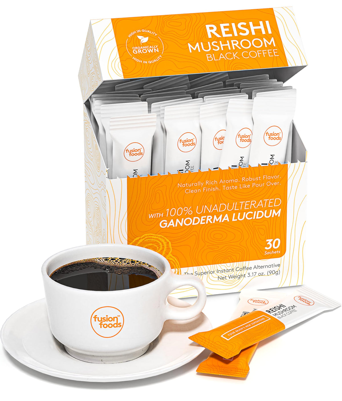 Fusion Foods Reishi Coffee packaging in a 30-count box for daily use.