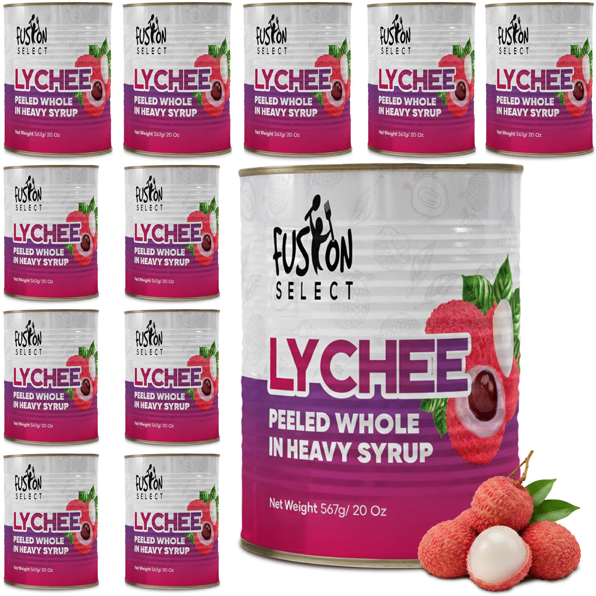 Fusion Select lychees in syrup pack of 12 cans, ready for quick dessert prep.