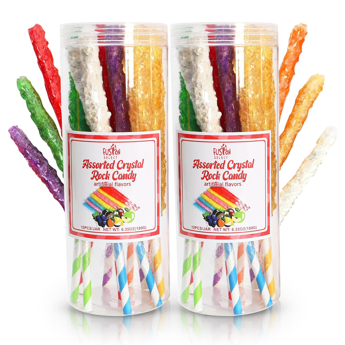 Fusion Select 24 Crystal Rock Candy Sticks packfront featuring bright colors for a festive buffet