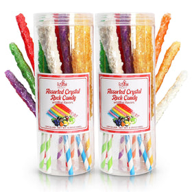 Fusion Select 24 Crystal Rock Candy Sticks packfront featuring bright colors for a festive buffet