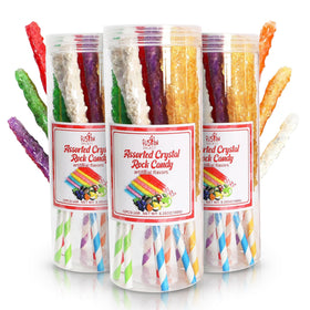 Fusion Select 36 crystal rock candy sticks on a colorful party table, vibrant display.