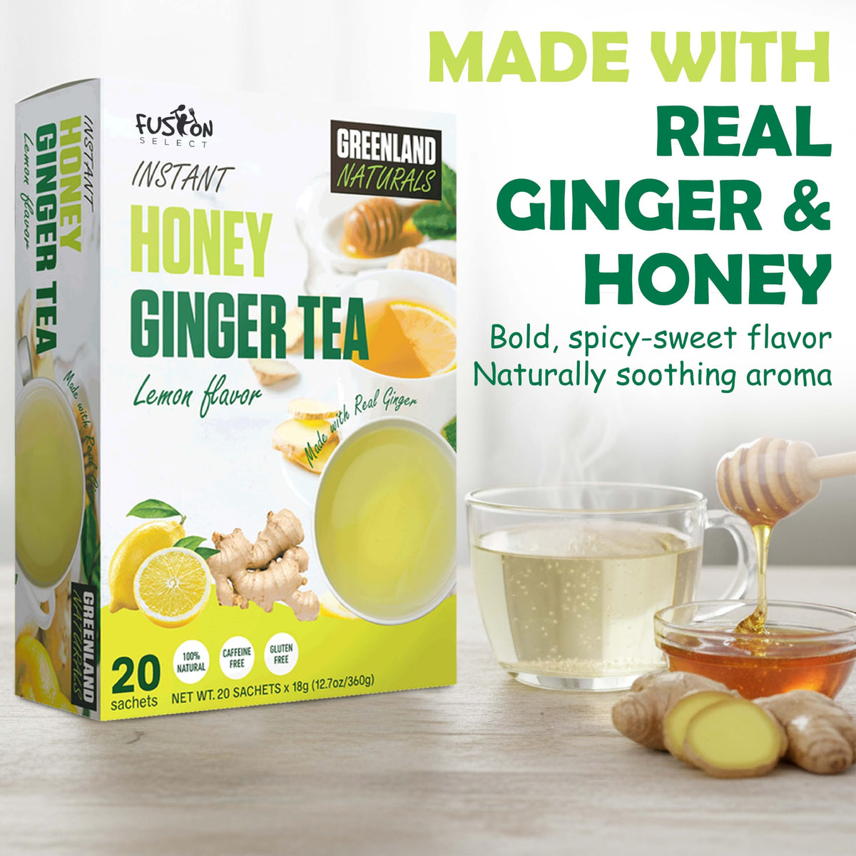 Fusion Select lemon ginger honey packets brighten any afternoon with citrus notes.