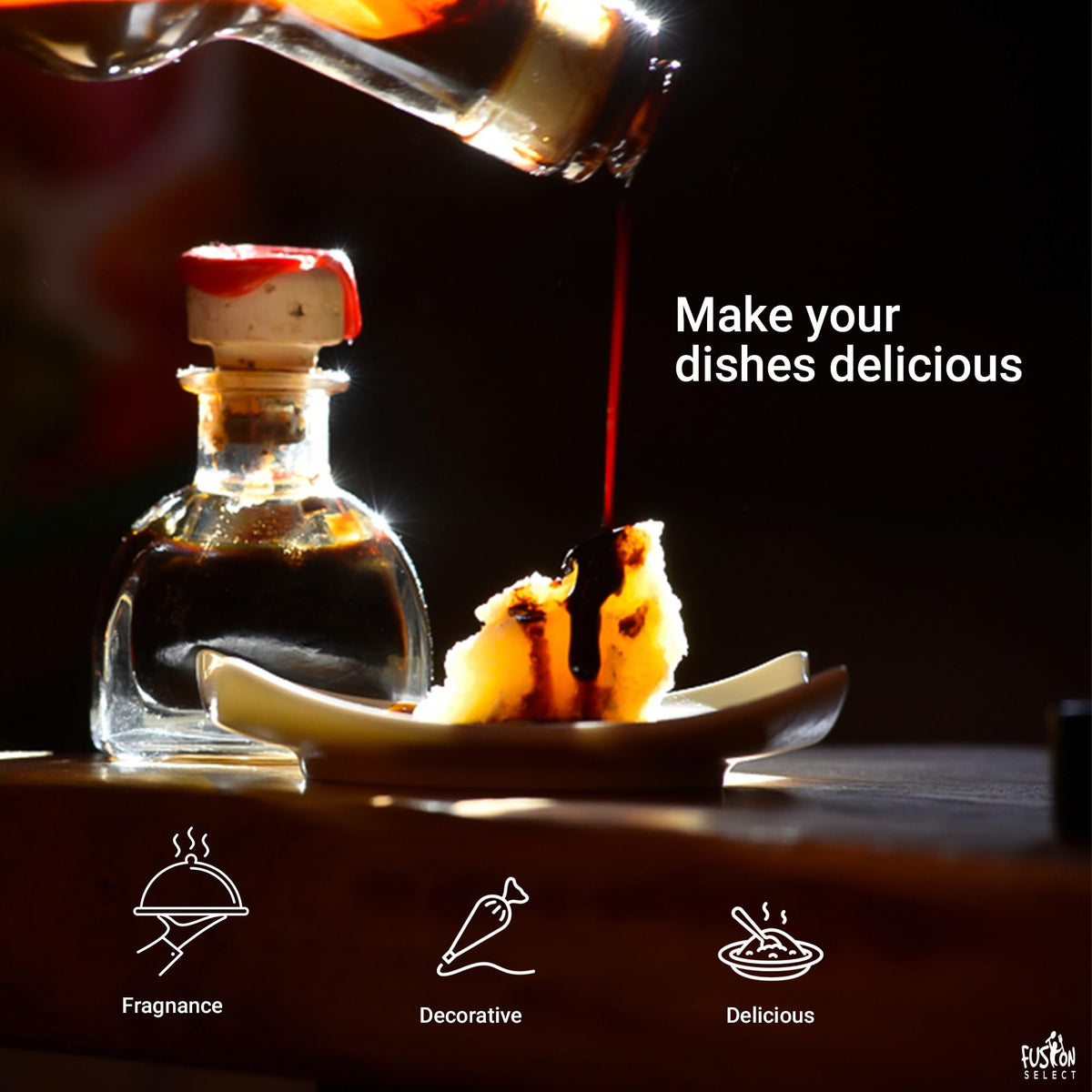 Pantry-ready bottle of Fusion Select black vinegar with long shelf life