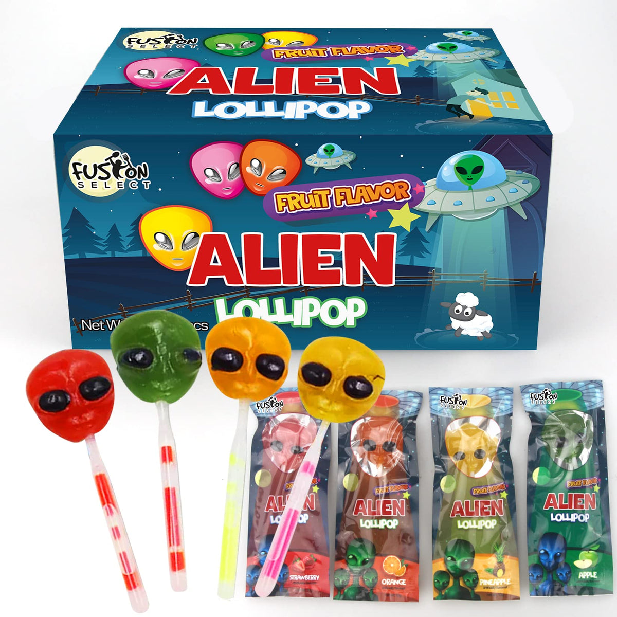 Fusion Select alien lollipops packaging ready for Halloween candy display.