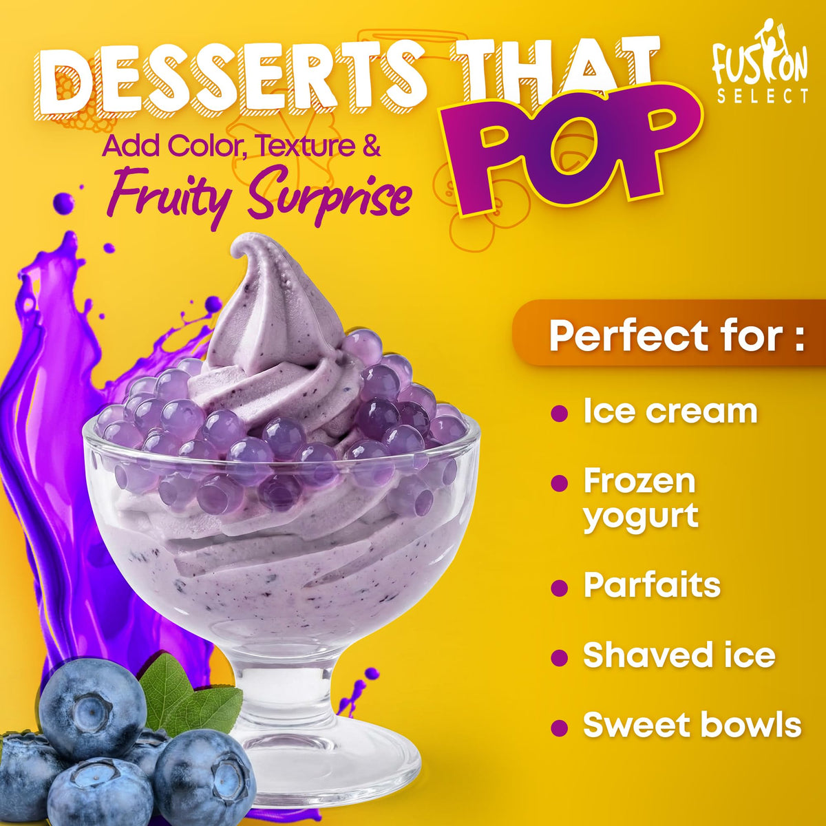 Fusion Select Assorted Flavors Pack Shot shows multiple color-rich toppings for variety.