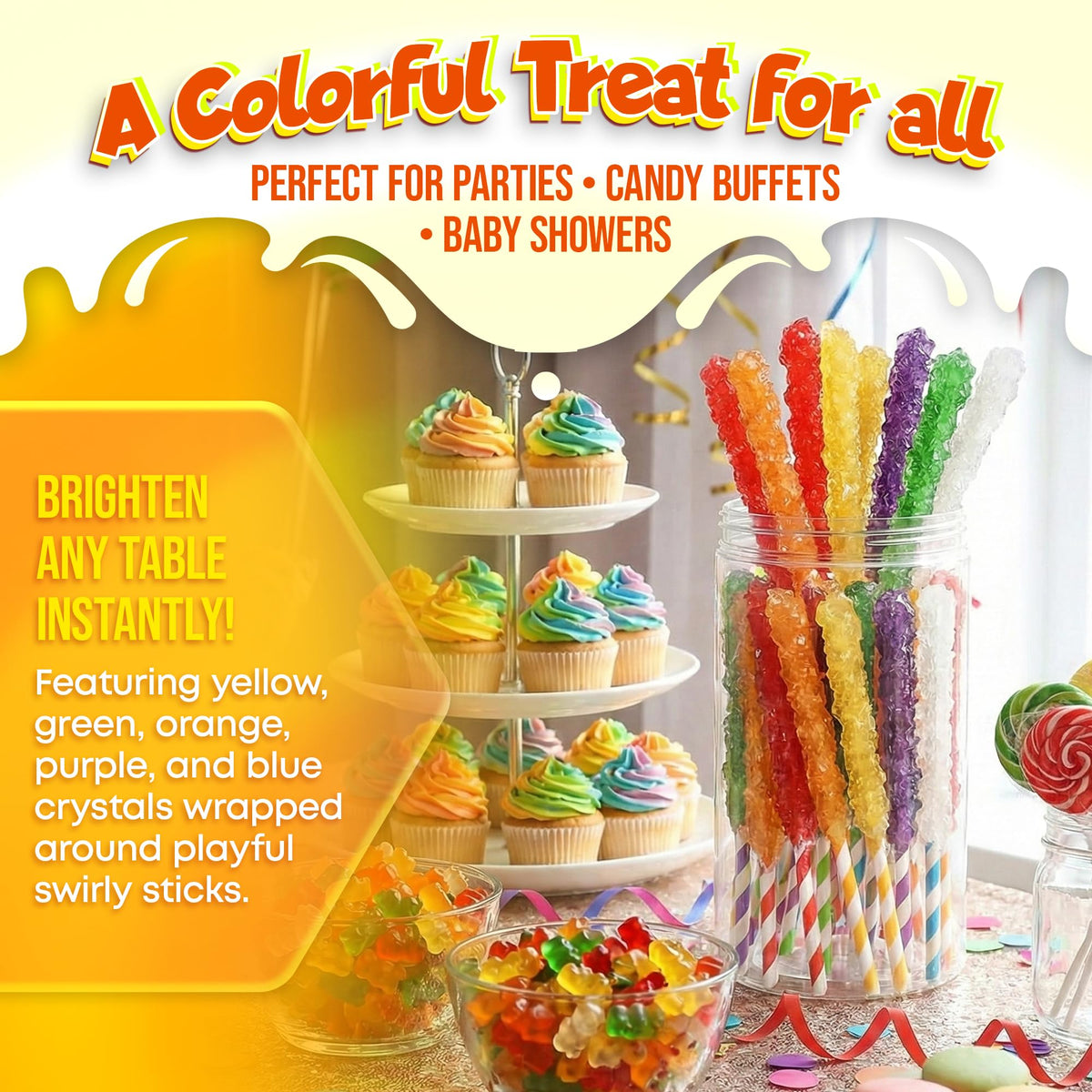 Colored candy buffet display with Fusion Select treats for kids' party fun.