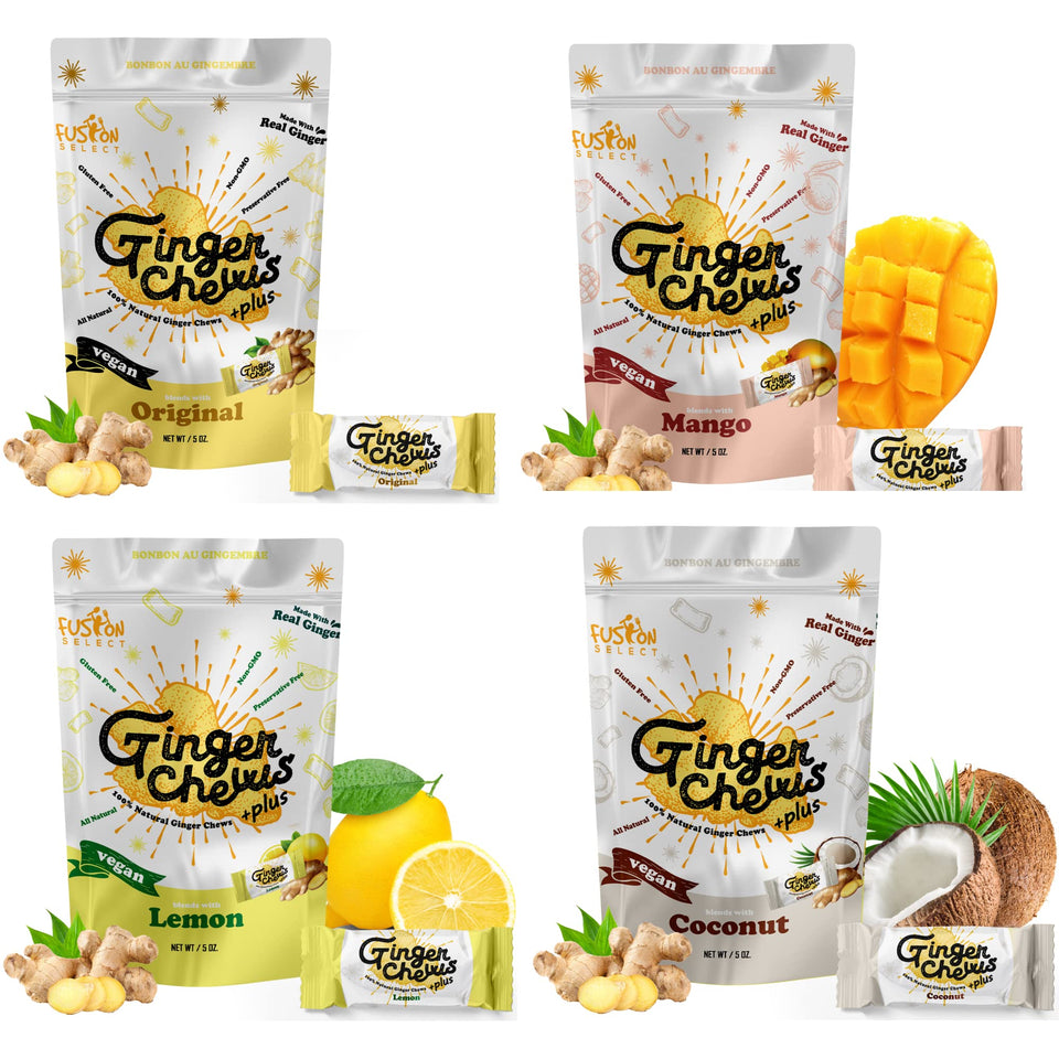 Fusion Select Ginger Chews ginger root closeup showing natural flavor and digestive comfort.