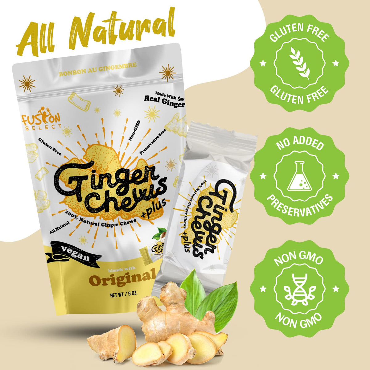 Fusion Select ginger chews closeup on ginger root shows natural color and warmth.