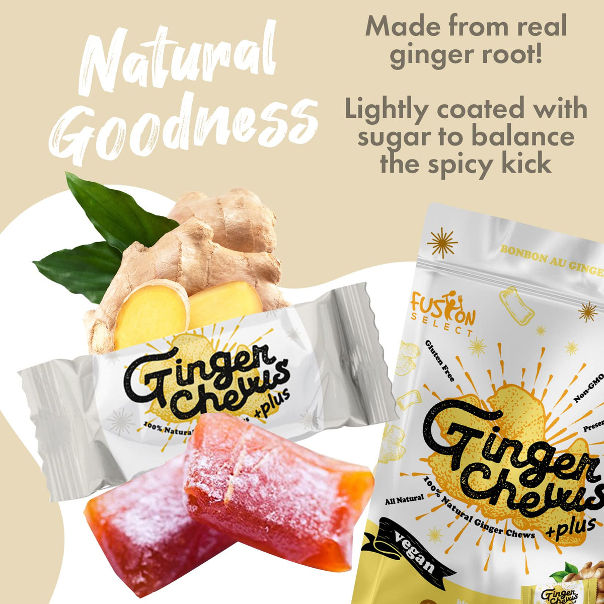 Fusion Select Ginger Chews vegan-certified tub focusing on plant-based indulgence.