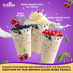 Fusion Select brown sugar boba pearls stirred into hot milk tea.