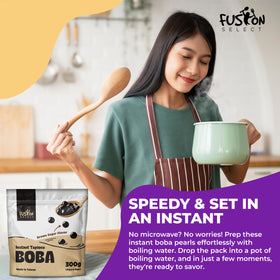 Fusion Select brown sugar pearls poured into a cold bubble tea.