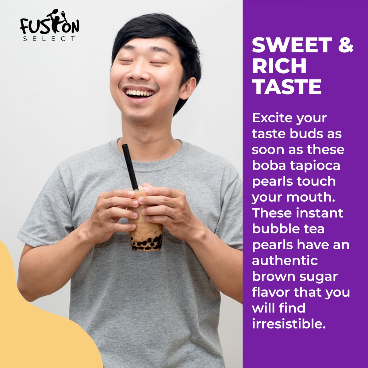 Fusion Select brown sugar pearls in a glass with ice for iced drinks.
