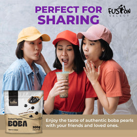 Fusion Select six-pack of instant boba pearls on the counter.