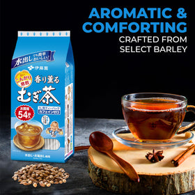 Illustration of steeping Mugichae Kaori Kaoru for a comforting hot cup.