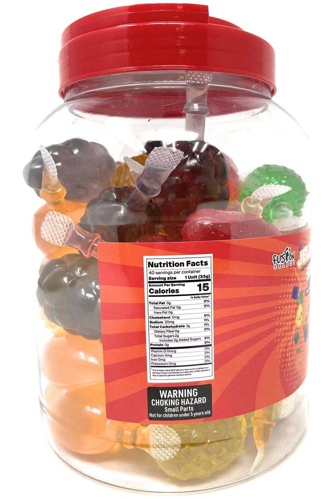 Fusion Select jelly-fruit tasting scene featuring mango and pineapple slices.