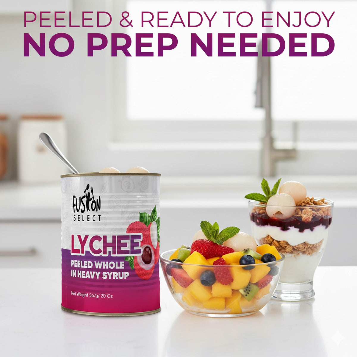 Fusion Select lychee can label 20oz for pantry storage and prep.