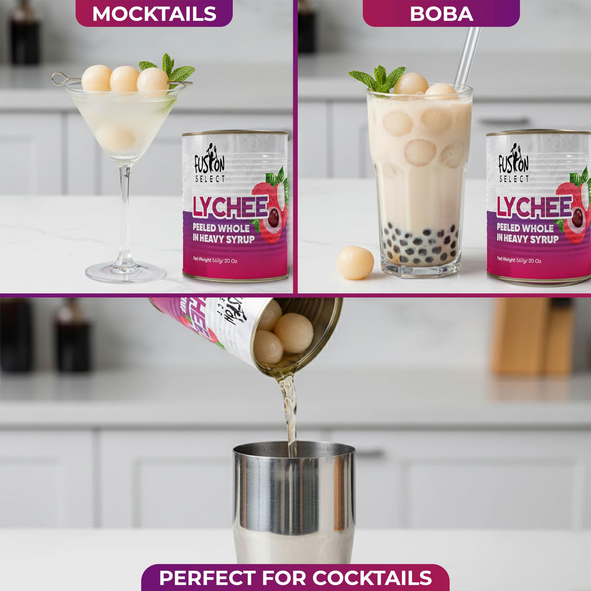 Fusion Select lychee syrup pour to flavor drinks and spritzers.