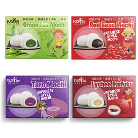 Fusion Select green tea and lychee mochi in the box, a refreshing treat for gatherings.