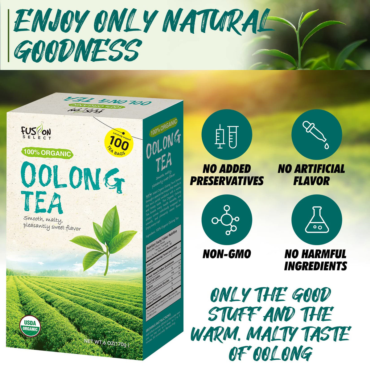 Fusion Select organic oolong tea bags with organic certification seal.