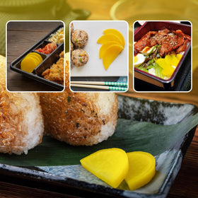 Serving suggestion with rice dishes and pickled garnish