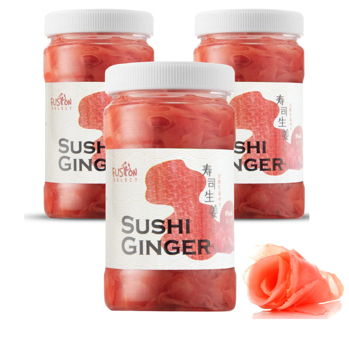 Fusion Select pink sushi ginger 3-pack for authentic sushi pairing and vibrant presentation.