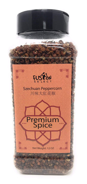 Fusion Select Premium Szechuan peppercorn bottle enhances authentic Chinese flavor aroma.