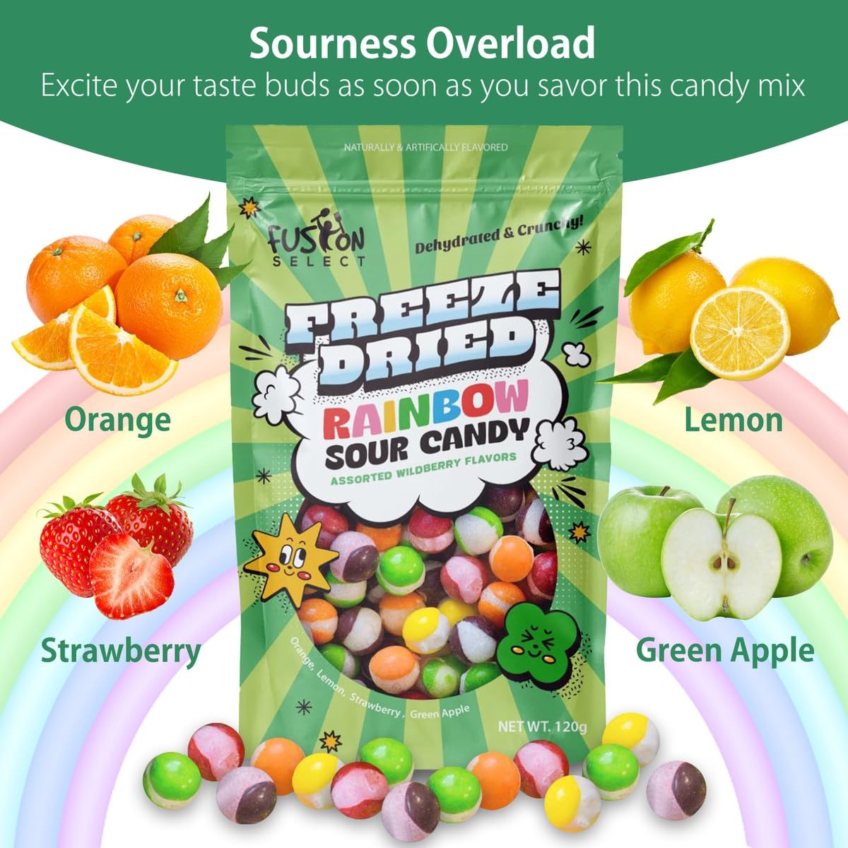 Fusion Select Rainbow Bean Candy closeup shows crunchy, colorful pieces with sour flavors.