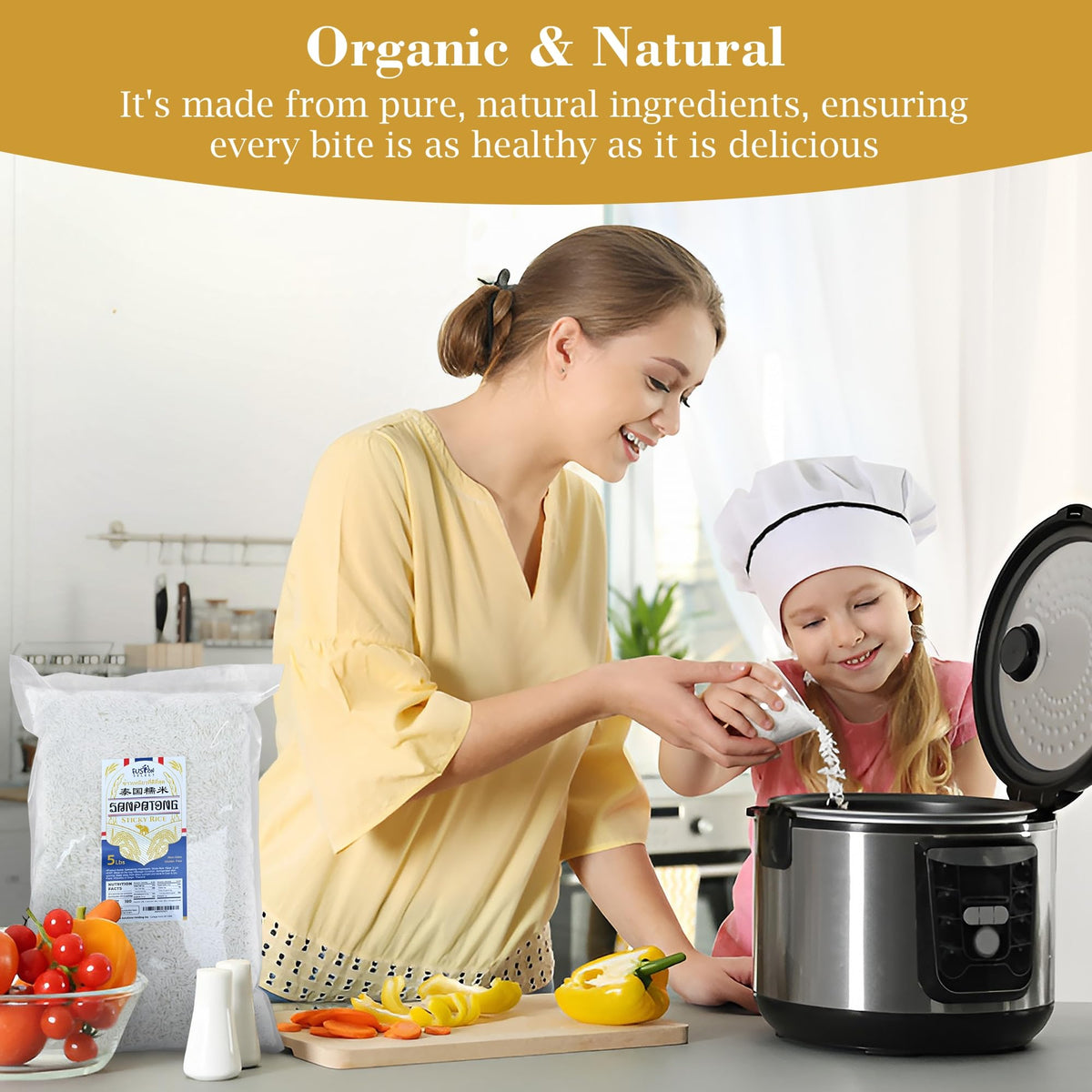 Rice in cooking pot demonstrates versatile use for steaming, soaking, and mango sticky rice.