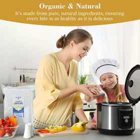 Rice in cooking pot demonstrates versatile use for steaming, soaking, and mango sticky rice.