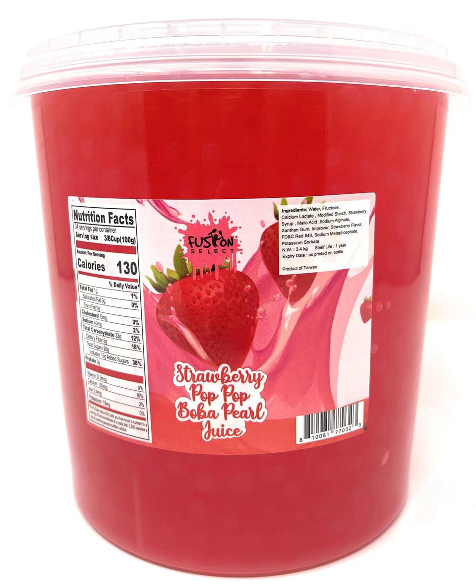 Fusion Select Strawberry Bursting Bobaz Pearls in a jar ready to top tea.