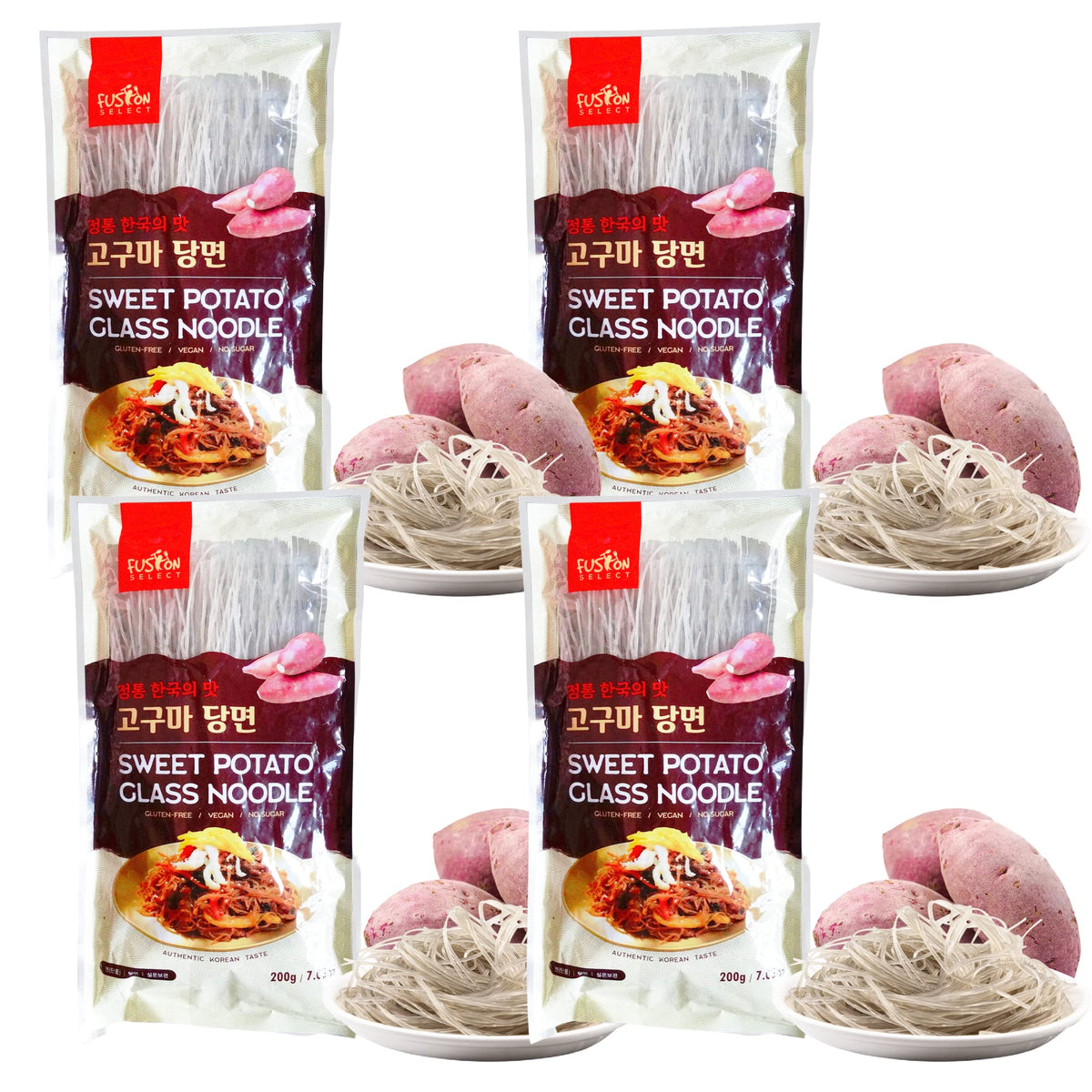 Fusion Select sweet potato glass noodles pack front, four-pack set, ideal for gluten-free dinners